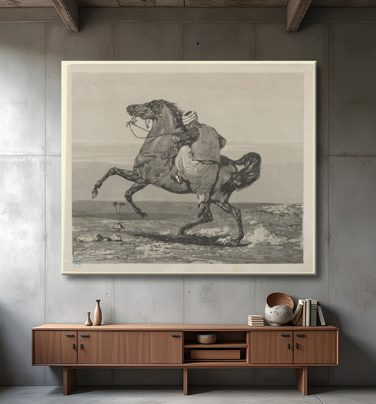 Reproduction Turc montant son cheval de Eugène Delacroix avec decor