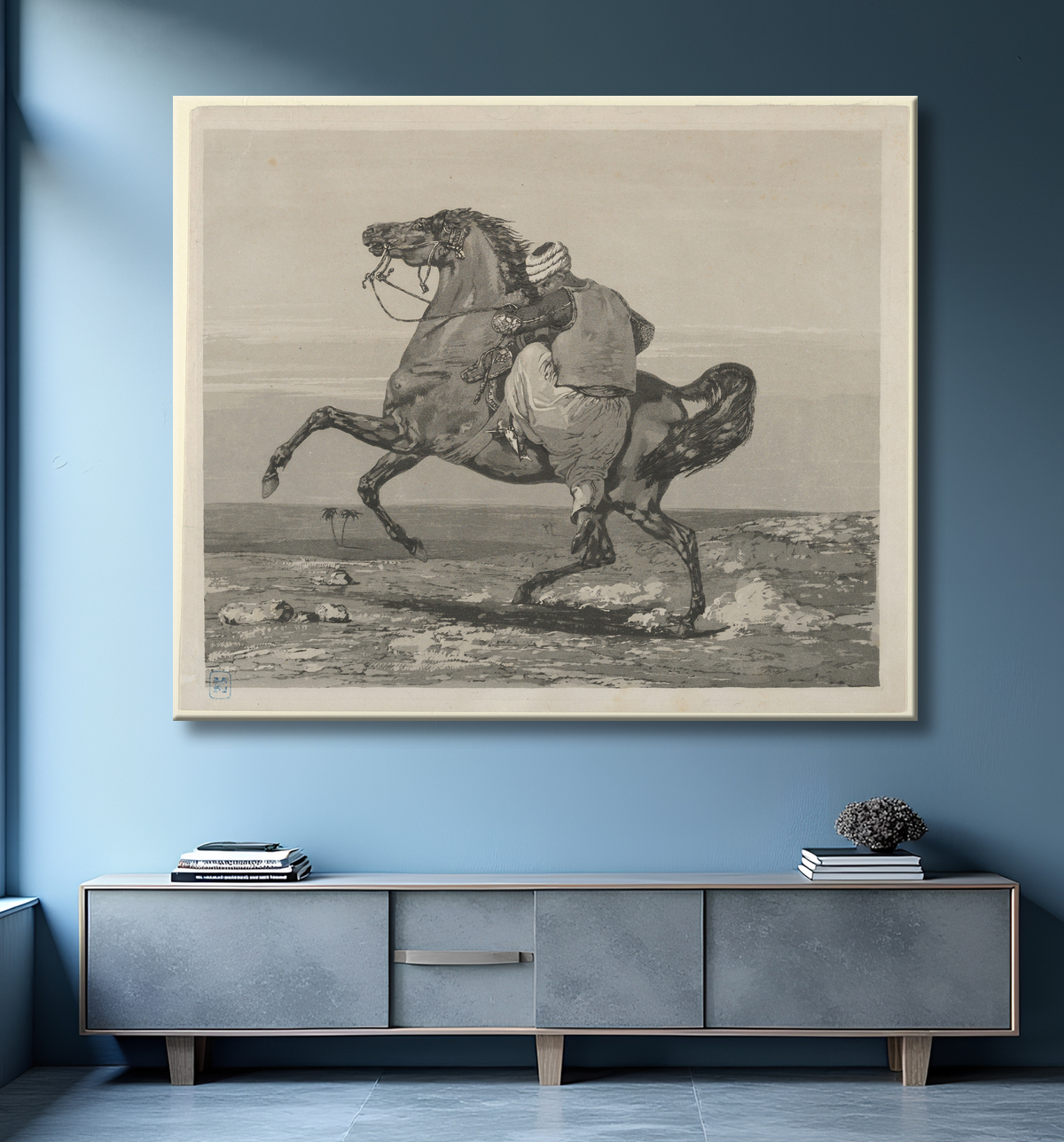 Reproduction Turc montant son cheval de Eugène Delacroix avec decor