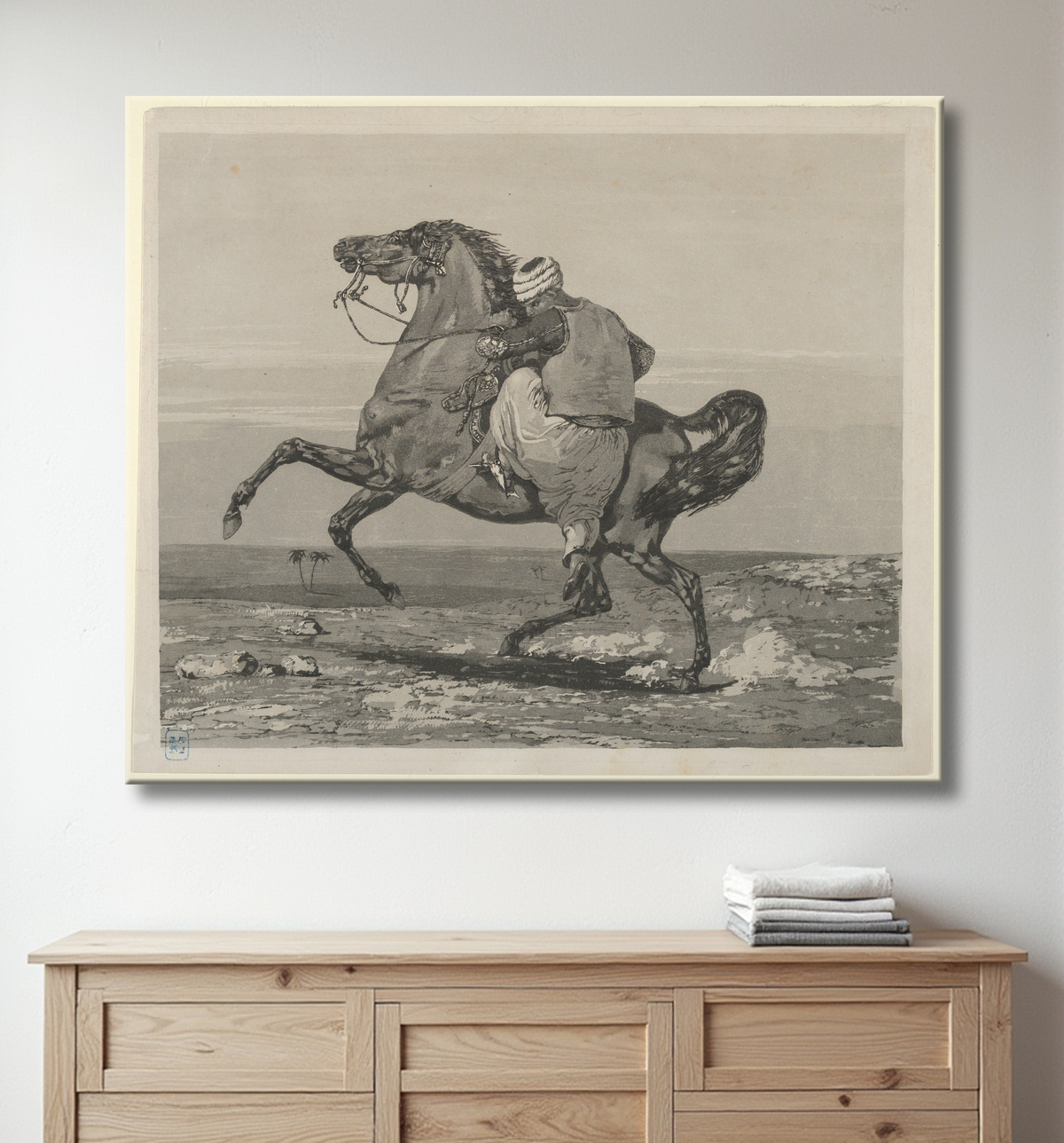 Reproduction Turc montant son cheval de Eugène Delacroix avec decor