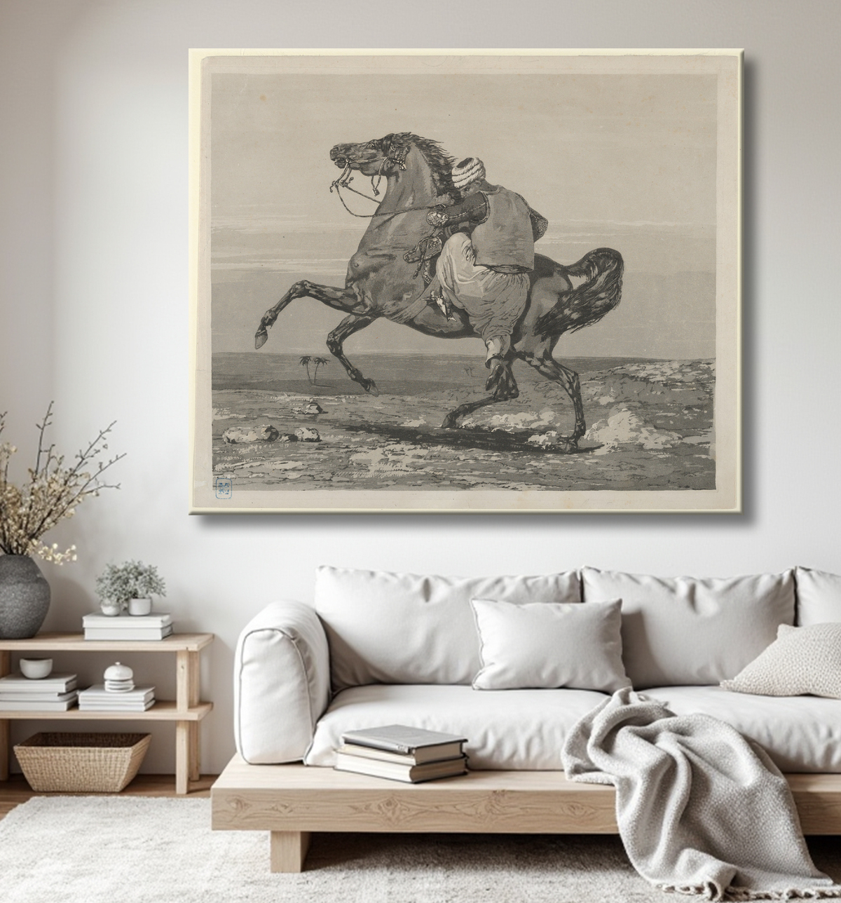 Reproduction Turc montant son cheval de Eugène Delacroix avec decor