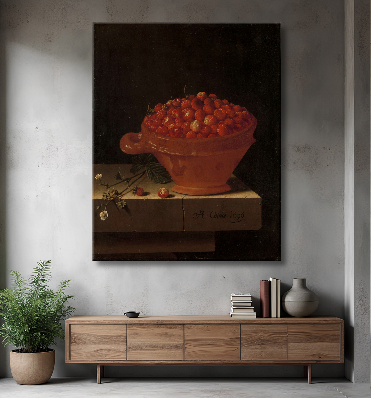 Reproduction Un bol de fraises sur un socle en pierre de Adriaen Coorte avec decor