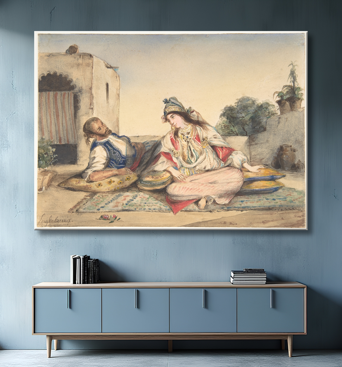 Reproduction Un couple marocain sur leur terrasse de Eugène Delacroix avec decor