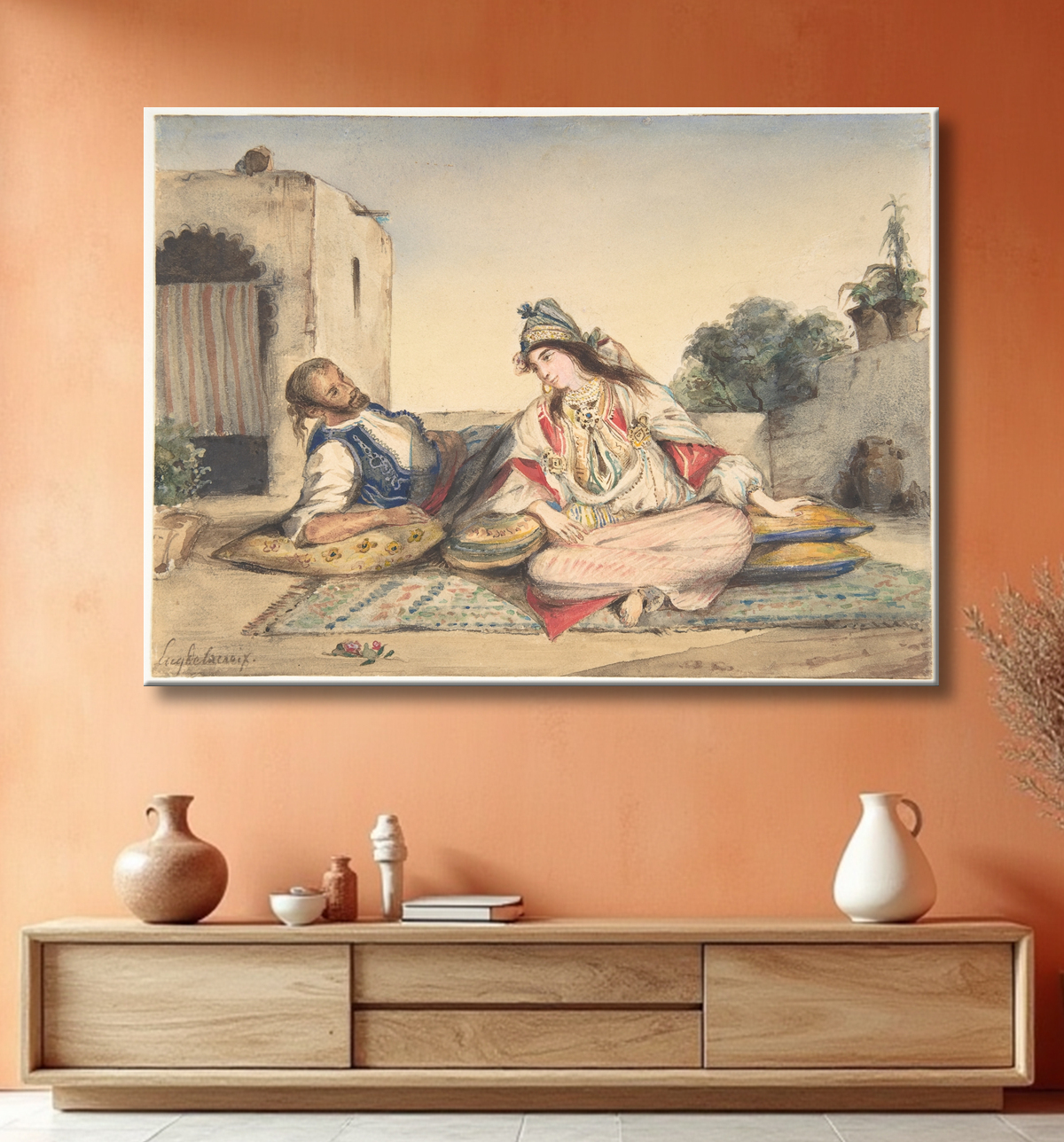 Reproduction Un couple marocain sur leur terrasse de Eugène Delacroix avec decor