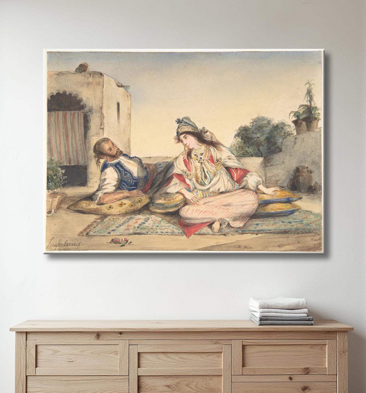 Reproduction Un couple marocain sur leur terrasse de Eugène Delacroix avec decor