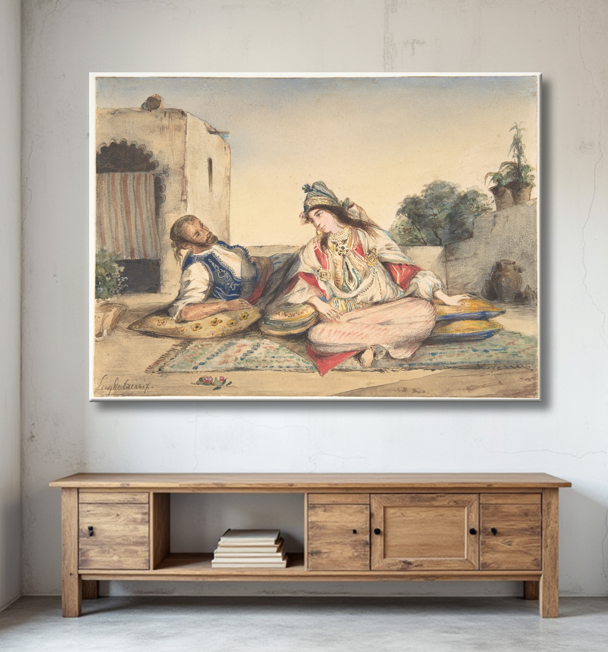 Reproduction Un couple marocain sur leur terrasse de Eugène Delacroix avec decor