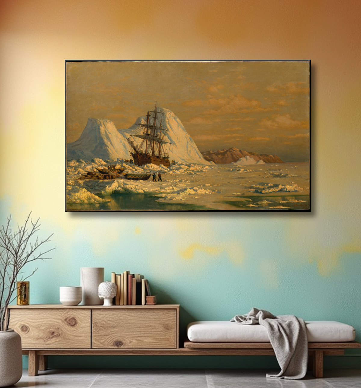 Reproduction Un incident de chasse à la baleine de William Bradford avec decor