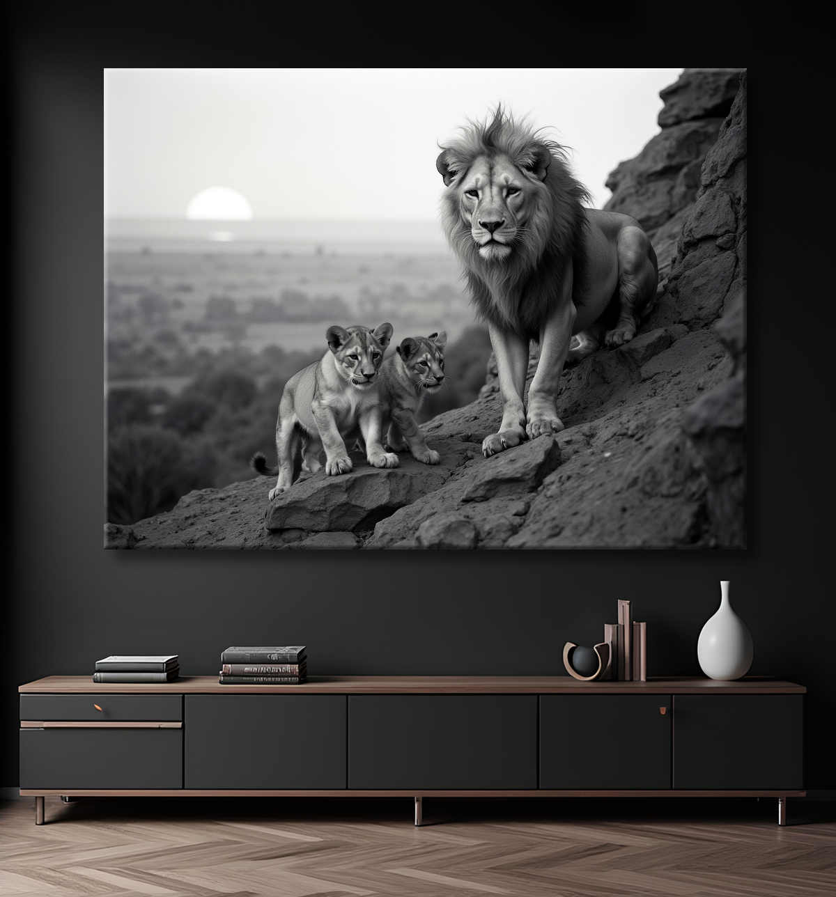 Tableau d'un lion et ses lionceaux dans la savane avec decor