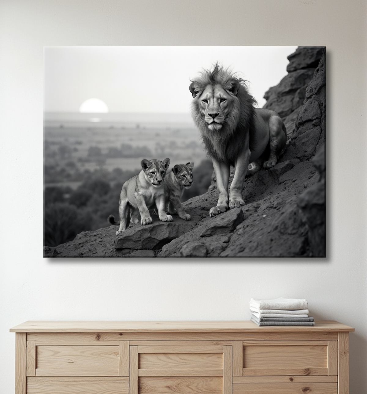 Tableau d'un lion et ses lionceaux dans la savane avec decor