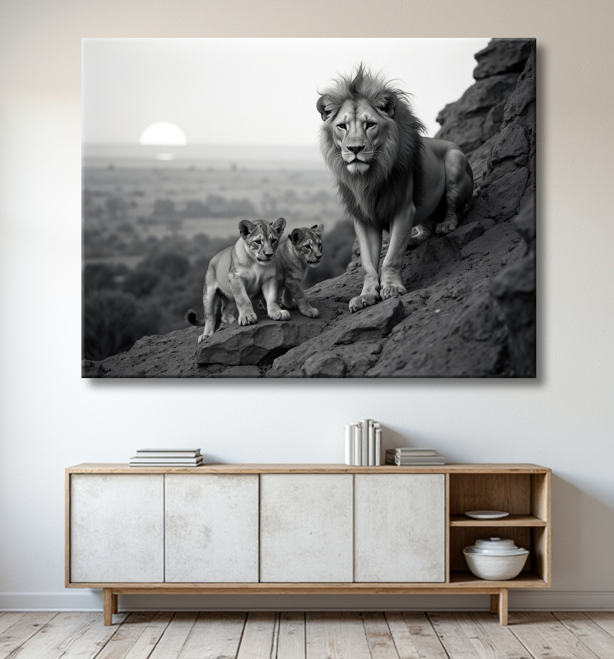 Tableau d'un lion et ses lionceaux dans la savane avec decor