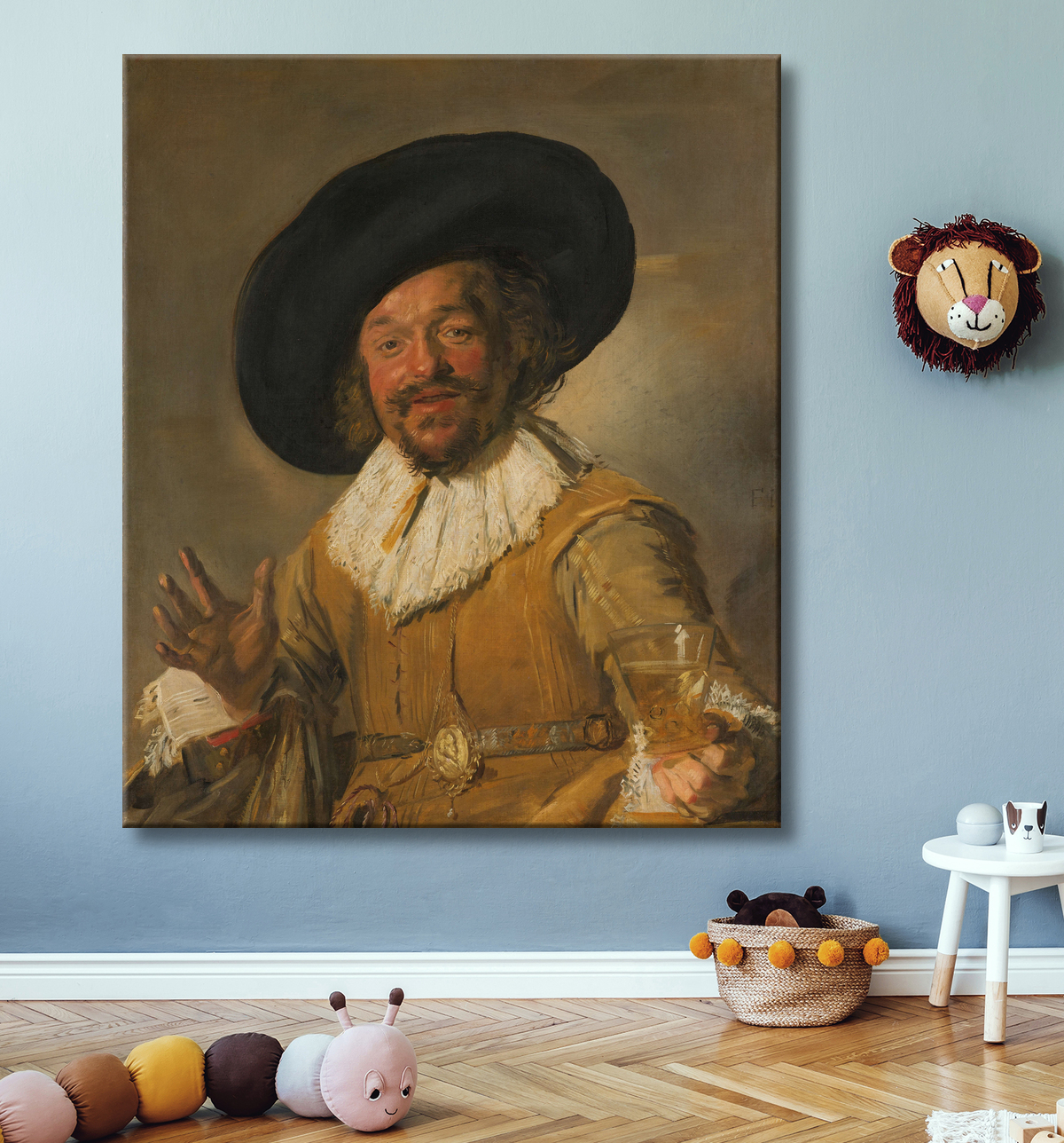 Reproduction Un milicien tenant un Berkemeyer, connu sous le nom de "Joyeux buveur" de Frans Hals avec decor