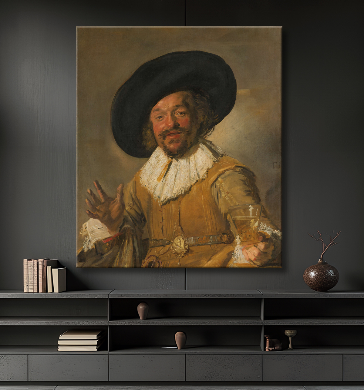 Reproduction Un milicien tenant un Berkemeyer, connu sous le nom de "Joyeux buveur" de Frans Hals avec decor