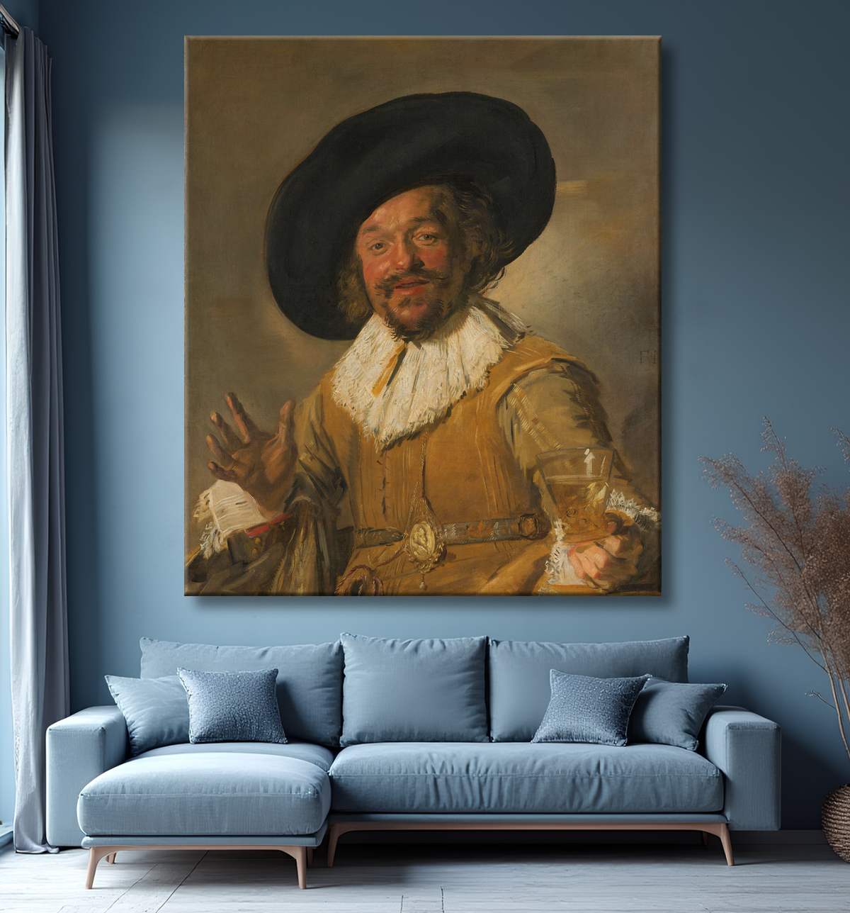 Reproduction Un milicien tenant un Berkemeyer, connu sous le nom de "Joyeux buveur" de Frans Hals avec decor