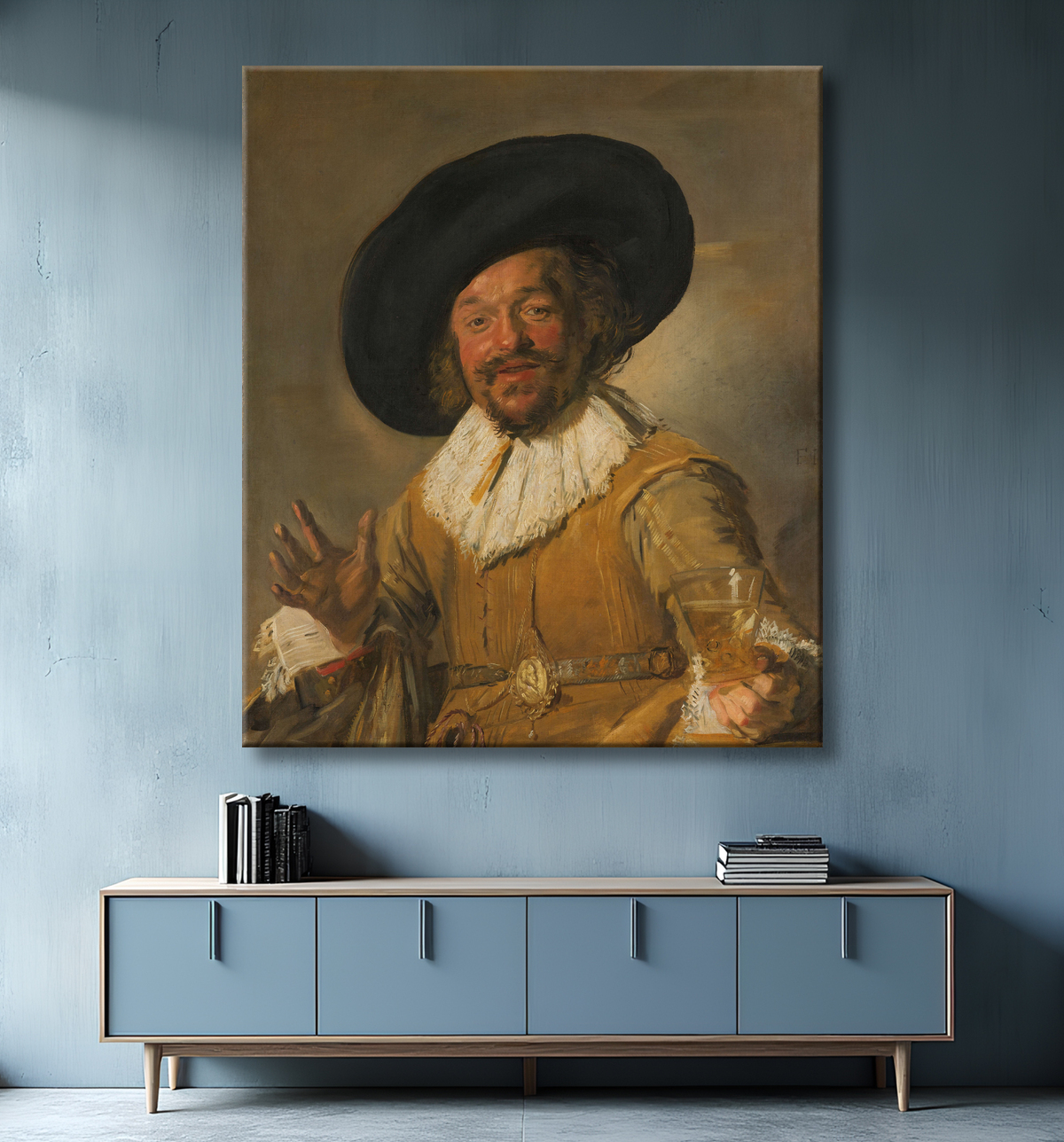 Reproduction Un milicien tenant un Berkemeyer, connu sous le nom de "Joyeux buveur" de Frans Hals avec decor