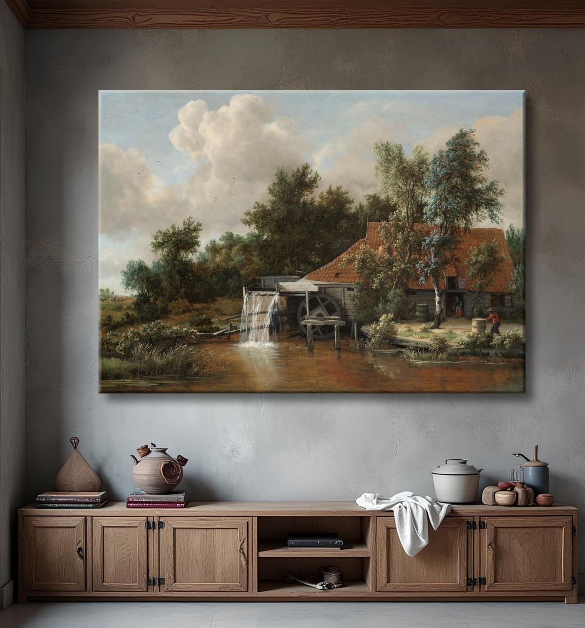 Reproduction Un moulin à eau de Meindert Hobbema avec decor