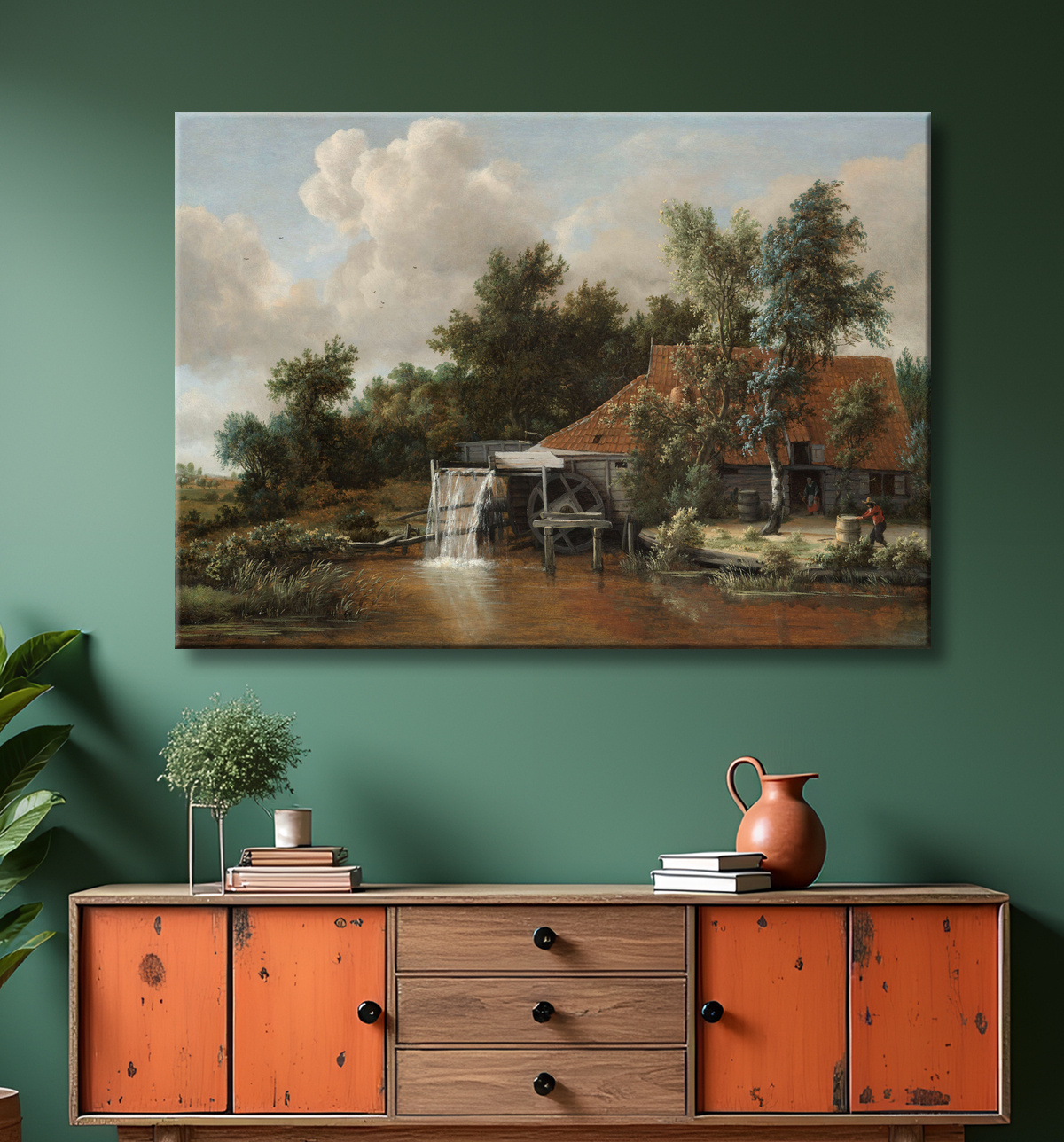 Reproduction Un moulin à eau de Meindert Hobbema avec decor