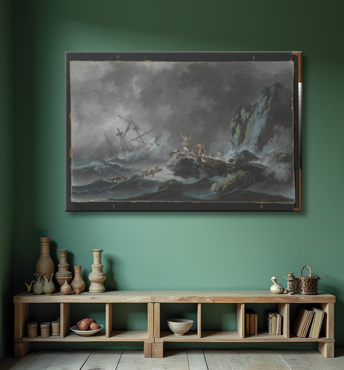 Reproduction Un naufrage dans une tempête de Jean Pillement avec decor