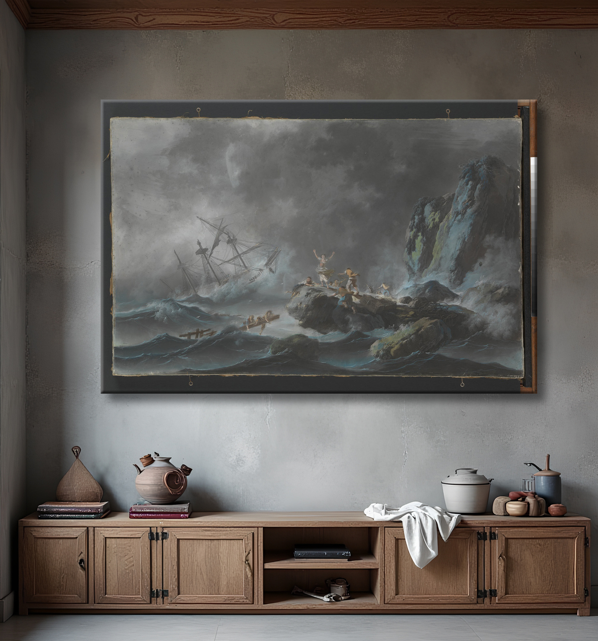 Reproduction Un naufrage dans une tempête de Jean Pillement avec decor