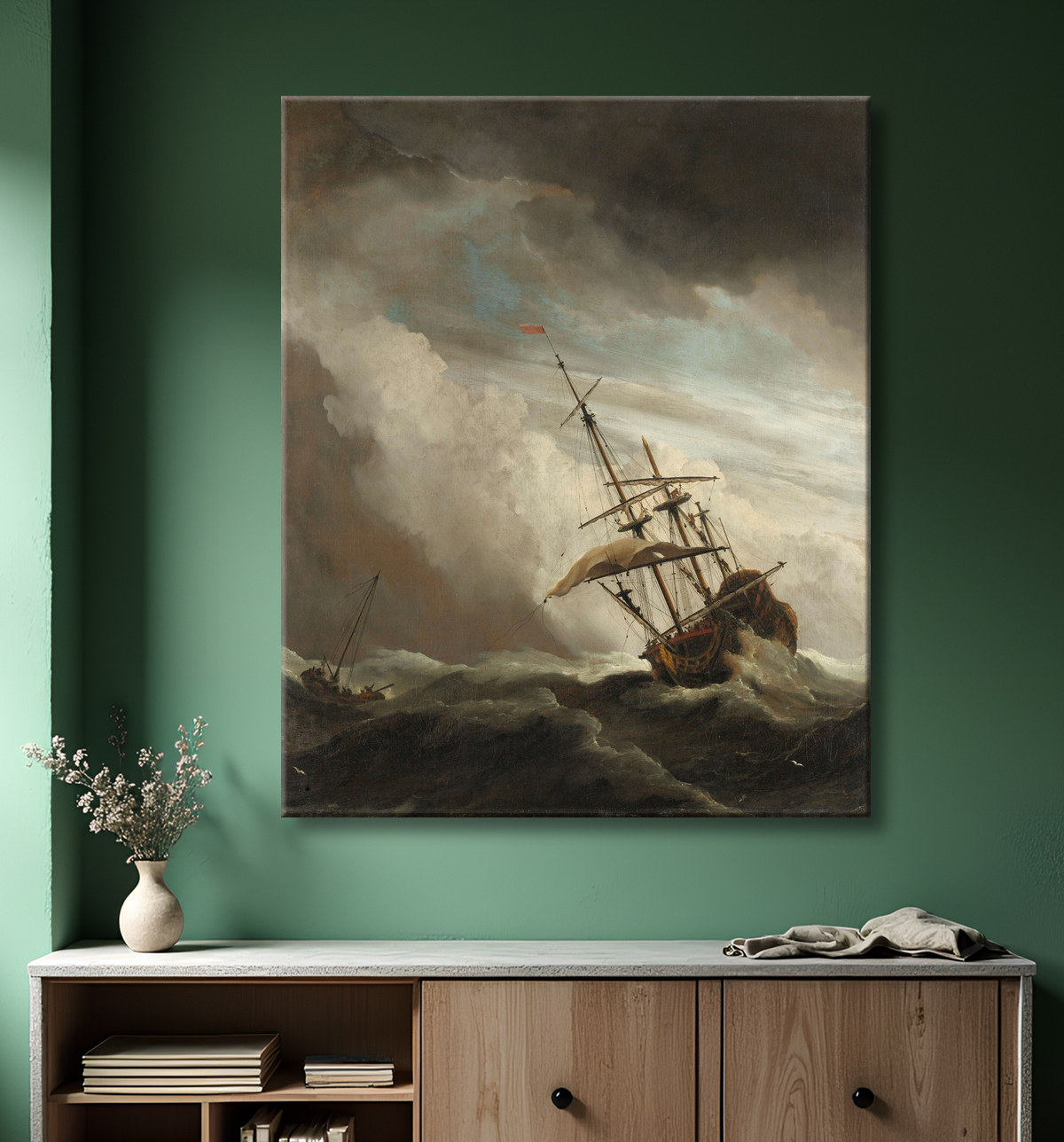 Reproduction Un navire en haute mer pris par une rafale, connu sous le nom de « The Gust » de Willem van de Velde (II) avec decor