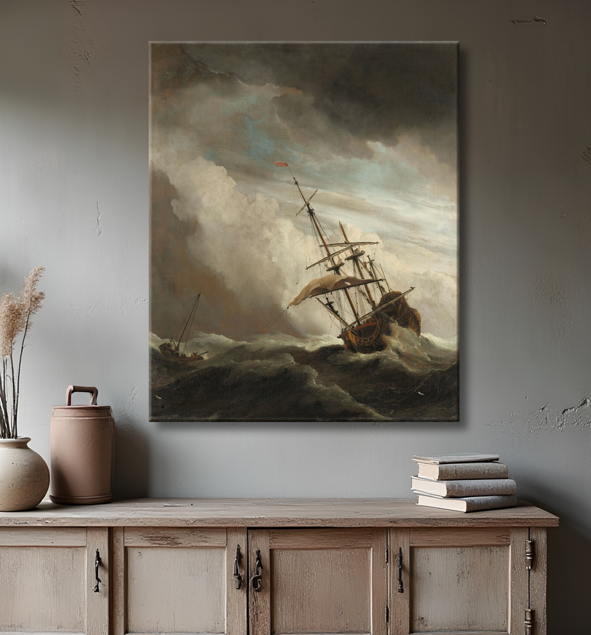 Reproduction Un navire en haute mer pris par une rafale, connu sous le nom de « The Gust » de Willem van de Velde (II) avec decor