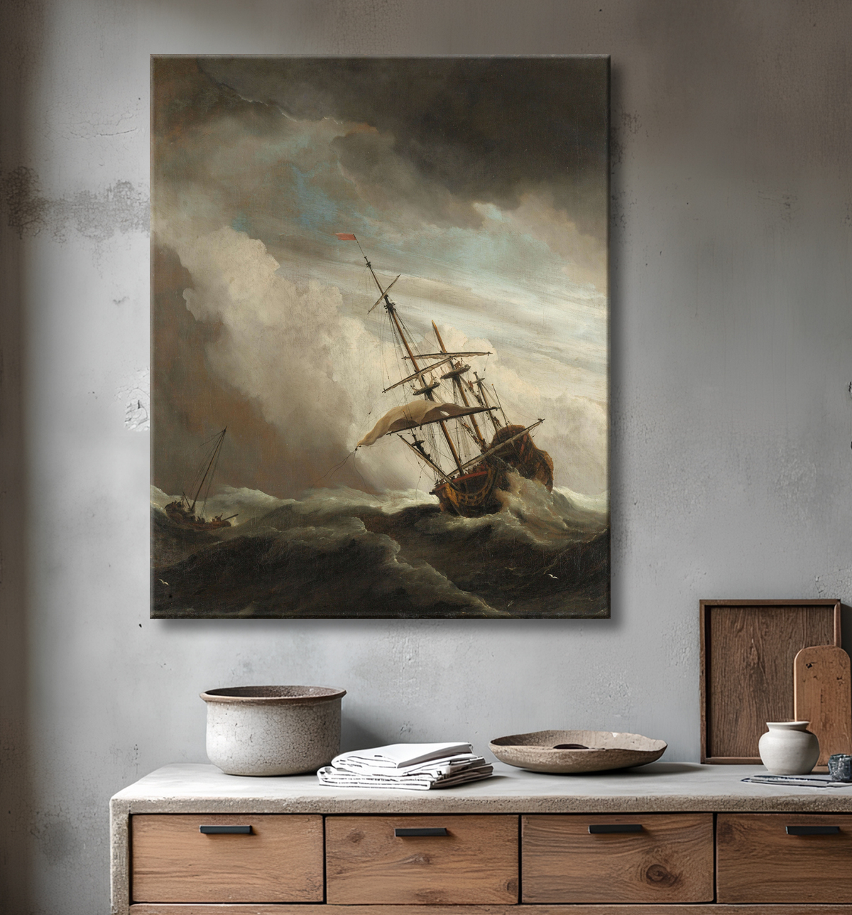 Reproduction Un navire en haute mer pris par une rafale, connu sous le nom de « The Gust » de Willem van de Velde (II) avec decor