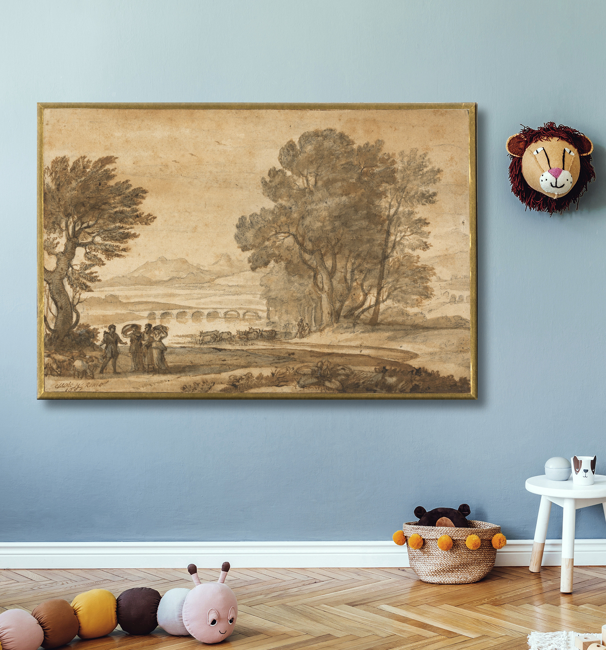 Reproduction Un paysage fluvial boisé avec Jacob, Laban et ses filles de Claude Lorrain avec decor