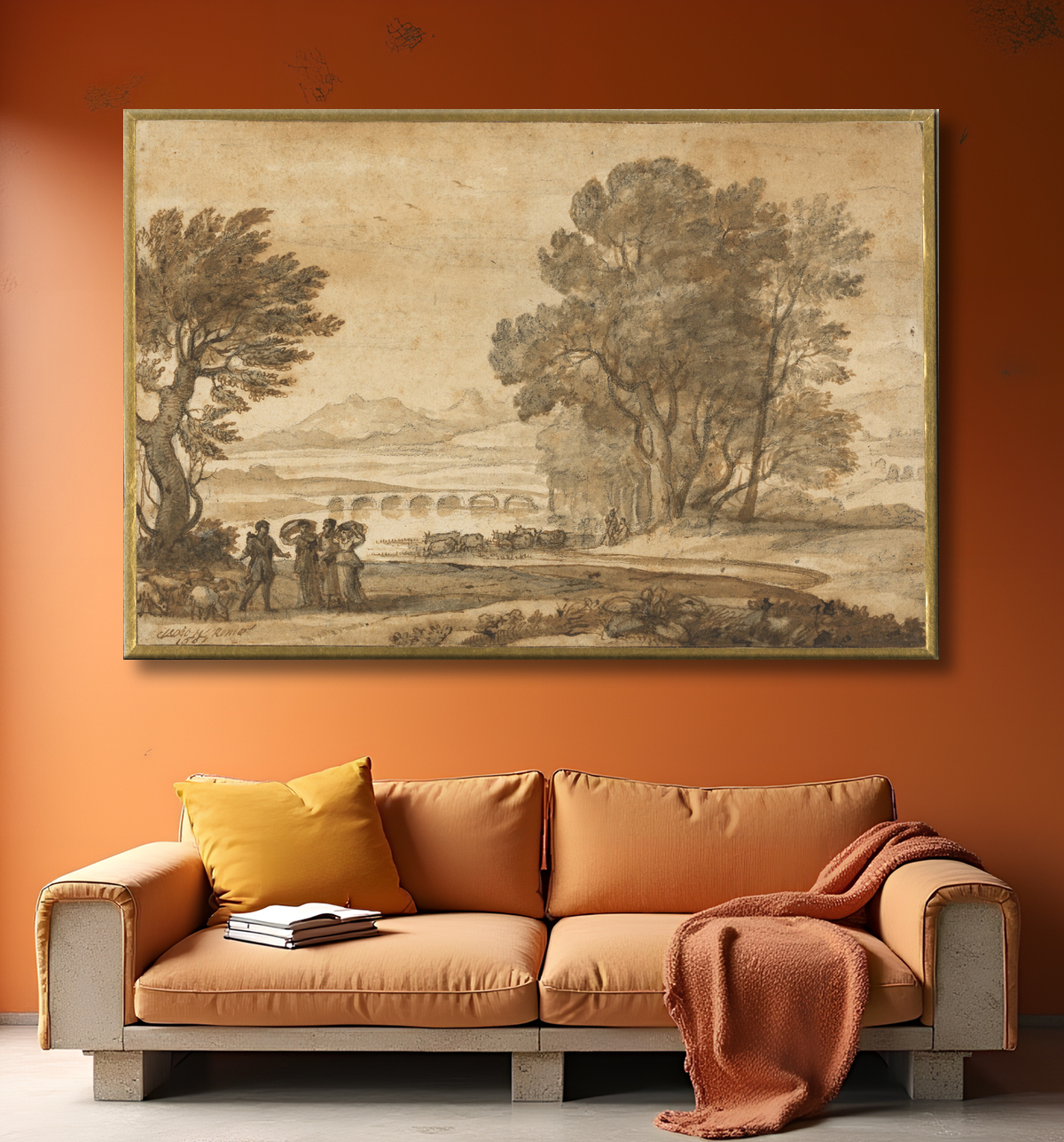 Reproduction Un paysage fluvial boisé avec Jacob, Laban et ses filles de Claude Lorrain avec decor