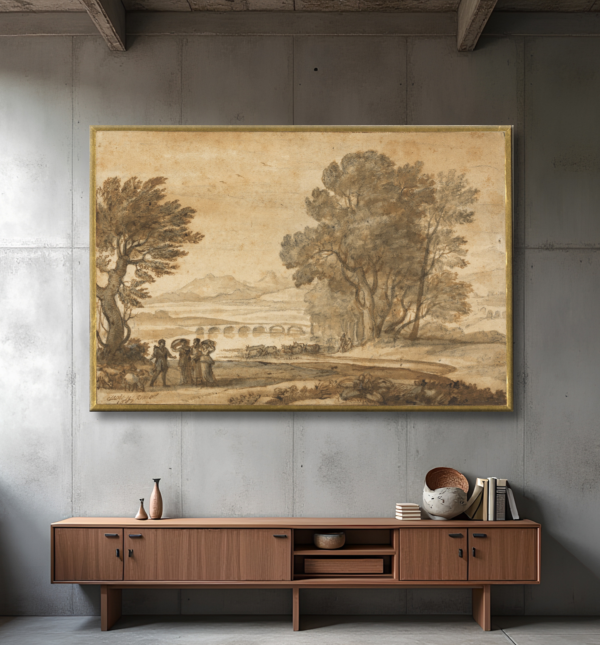 Reproduction Un paysage fluvial boisé avec Jacob, Laban et ses filles de Claude Lorrain avec decor