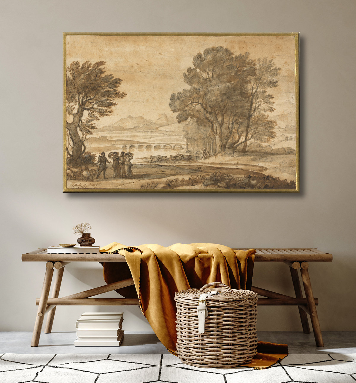 Reproduction Un paysage fluvial boisé avec Jacob, Laban et ses filles de Claude Lorrain avec decor