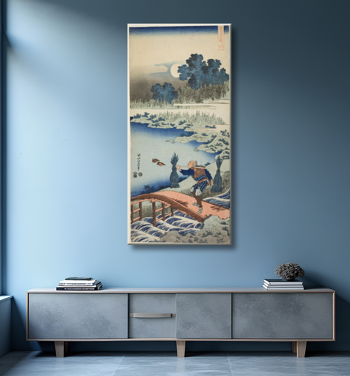 Reproduction Un paysan traversant un pont, de la série A True Mirror of Chinese and Japanese Poems de Katsushika Hokusai avec decor
