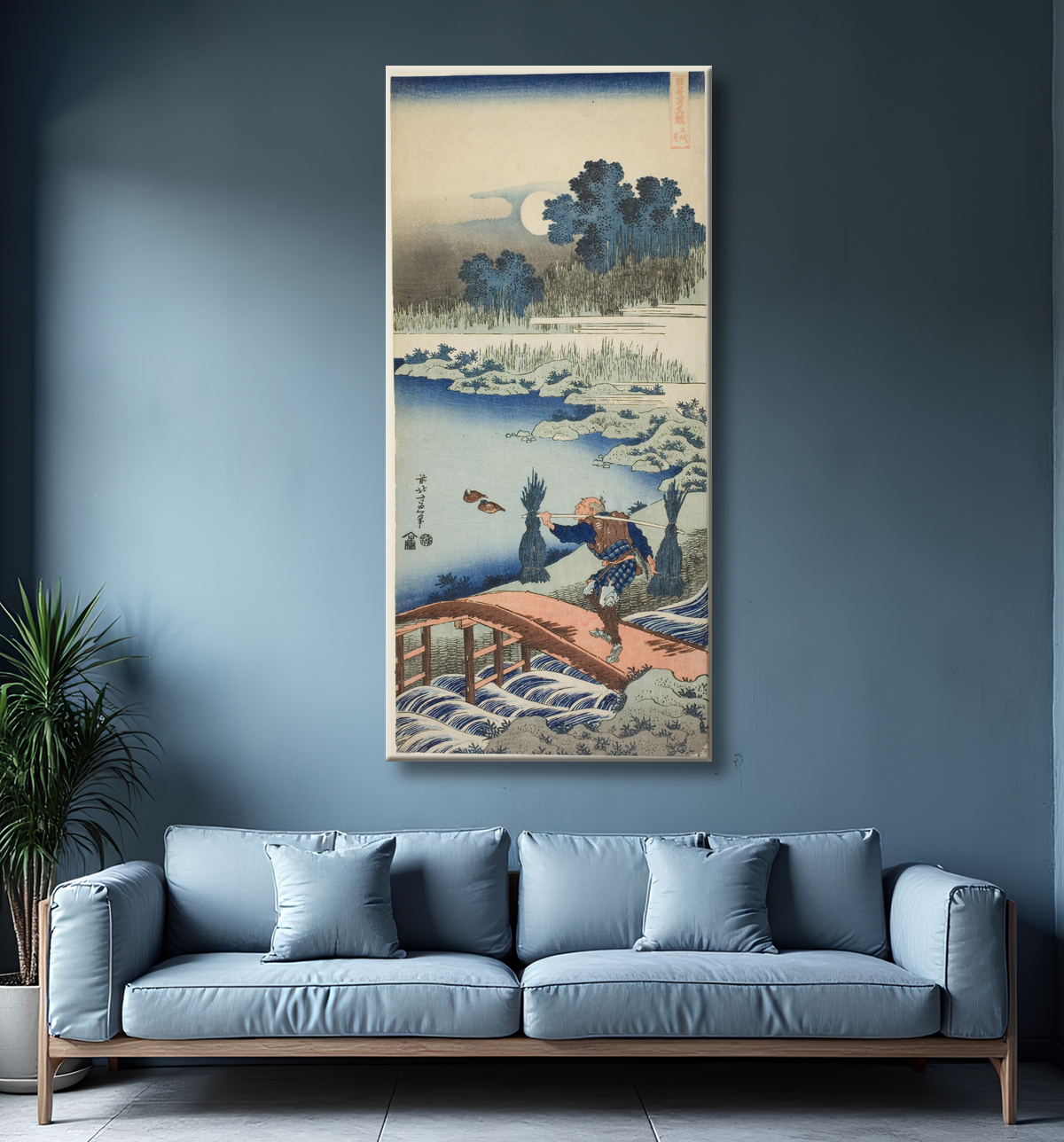 Reproduction Un paysan traversant un pont, de la série A True Mirror of Chinese and Japanese Poems de Katsushika Hokusai avec decor