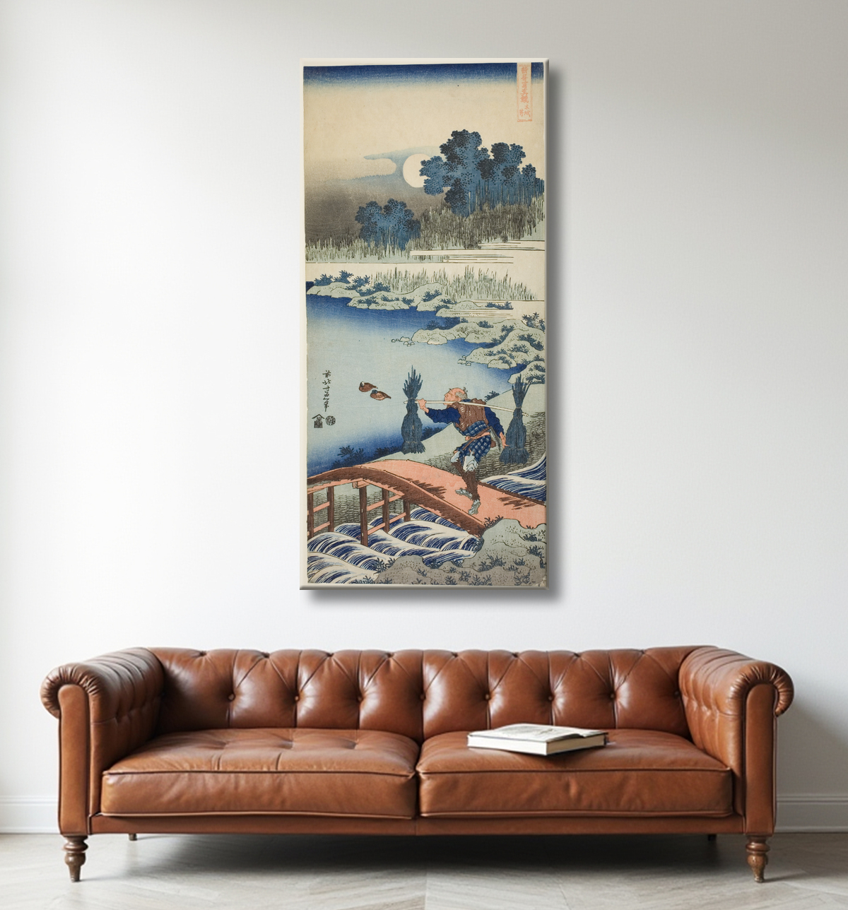 Reproduction Un paysan traversant un pont, de la série A True Mirror of Chinese and Japanese Poems de Katsushika Hokusai avec decor