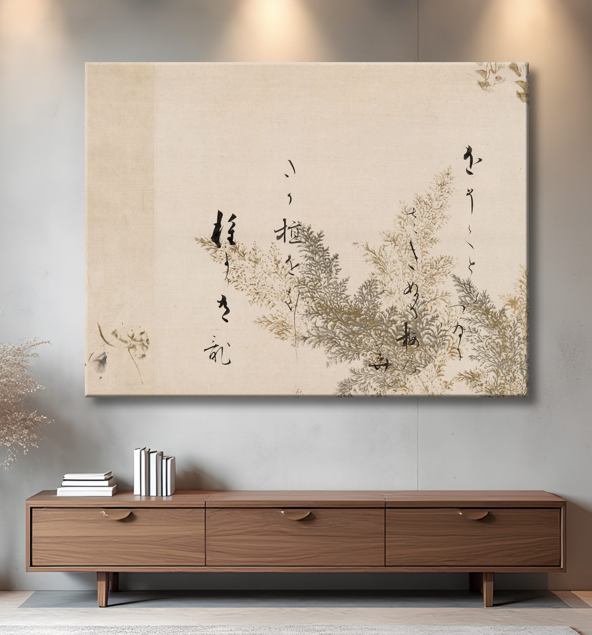 Reproduction Un poème du Shin Kokinshu avec un dessin de Shinobugusa (Moss Fern) de Kôetsu avec decor