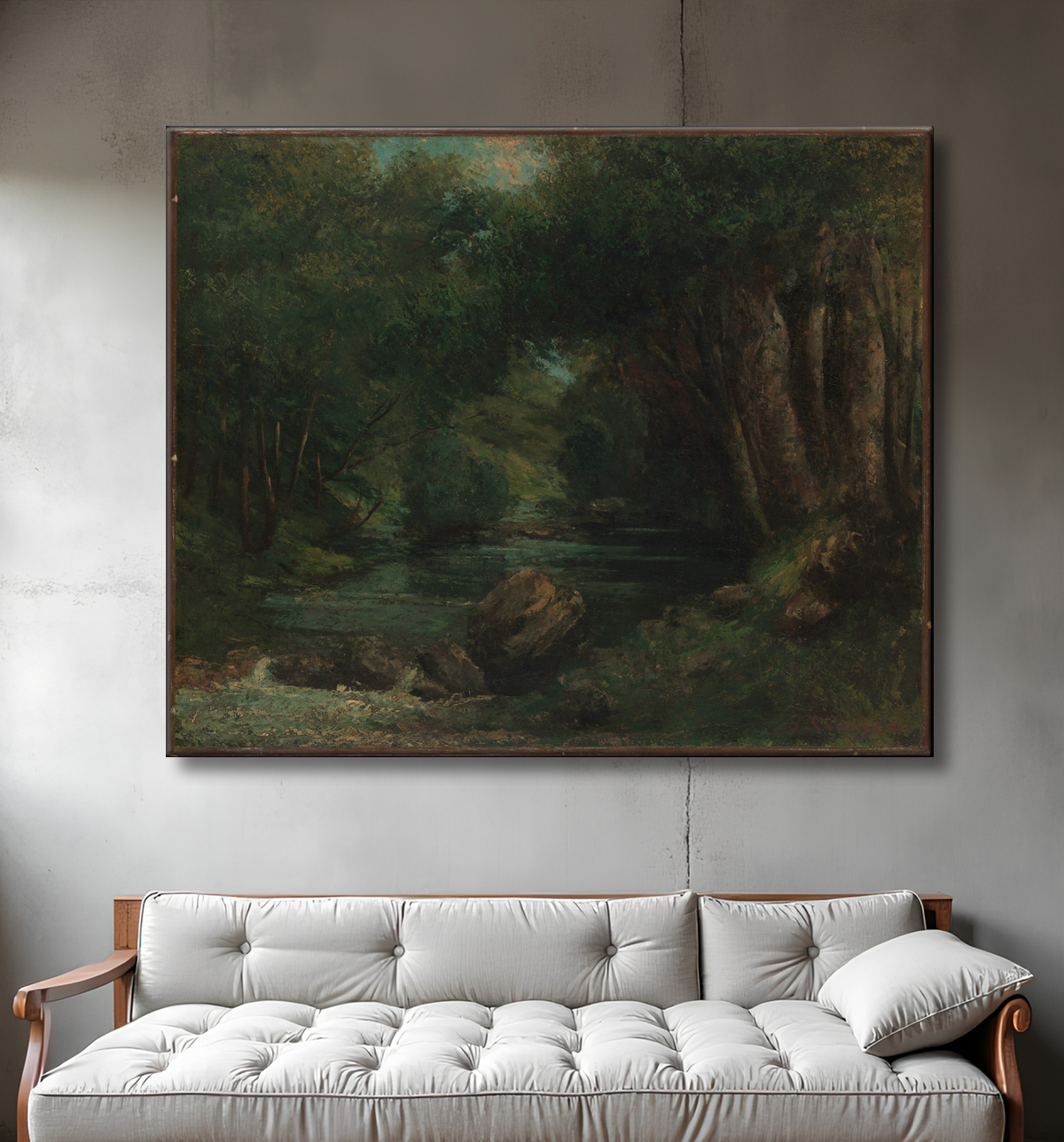 Reproduction Un ruisseau dans la forêt de Gustave Courbet avec decor