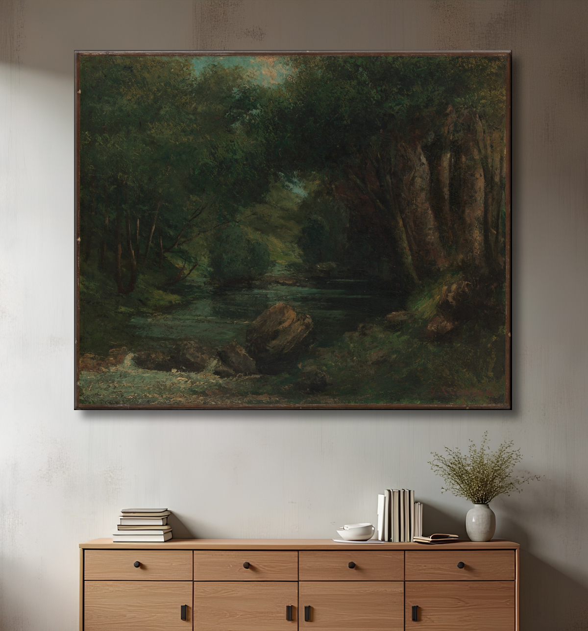 Reproduction Un ruisseau dans la forêt de Gustave Courbet avec decor