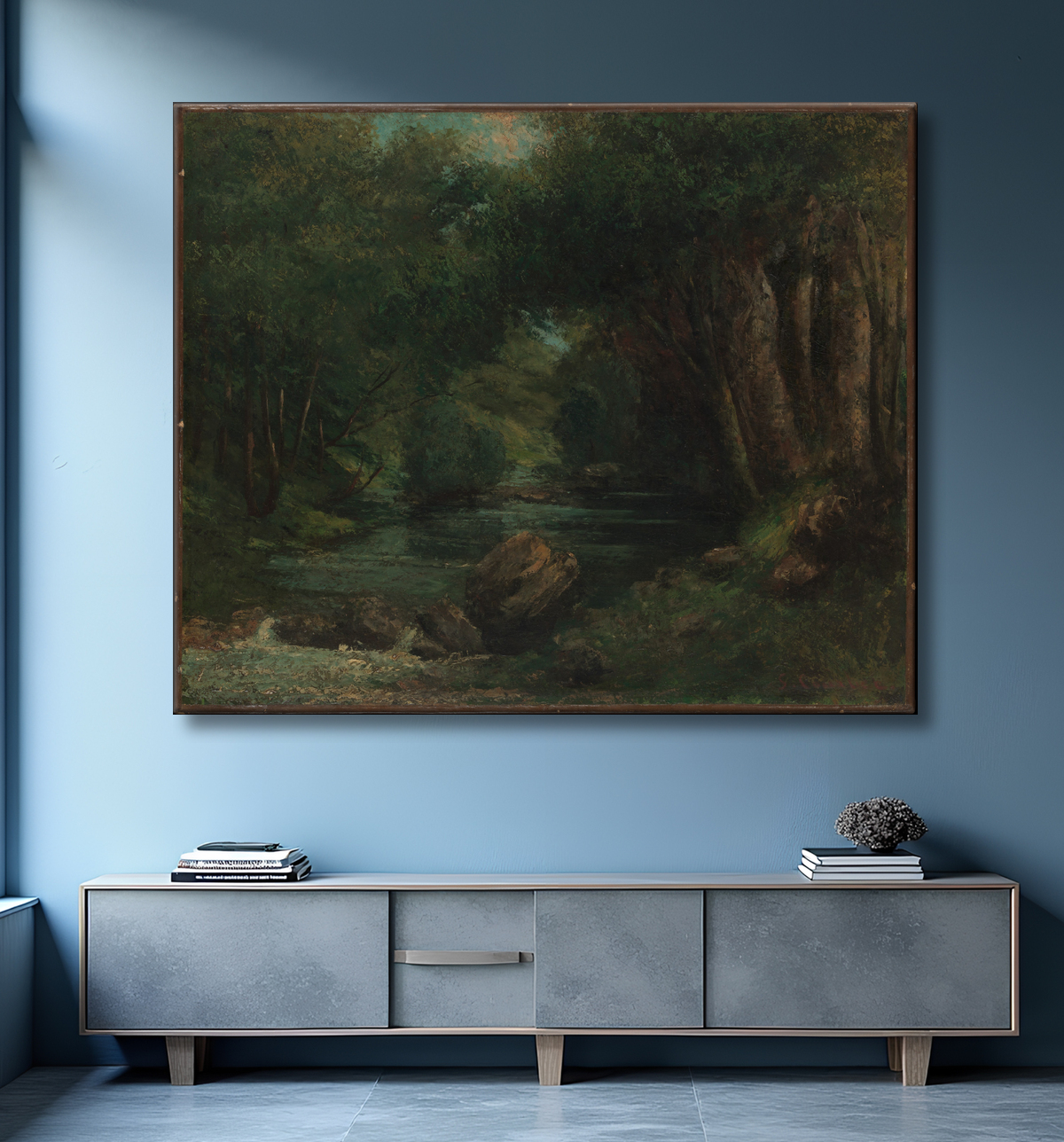 Reproduction Un ruisseau dans la forêt de Gustave Courbet avec decor