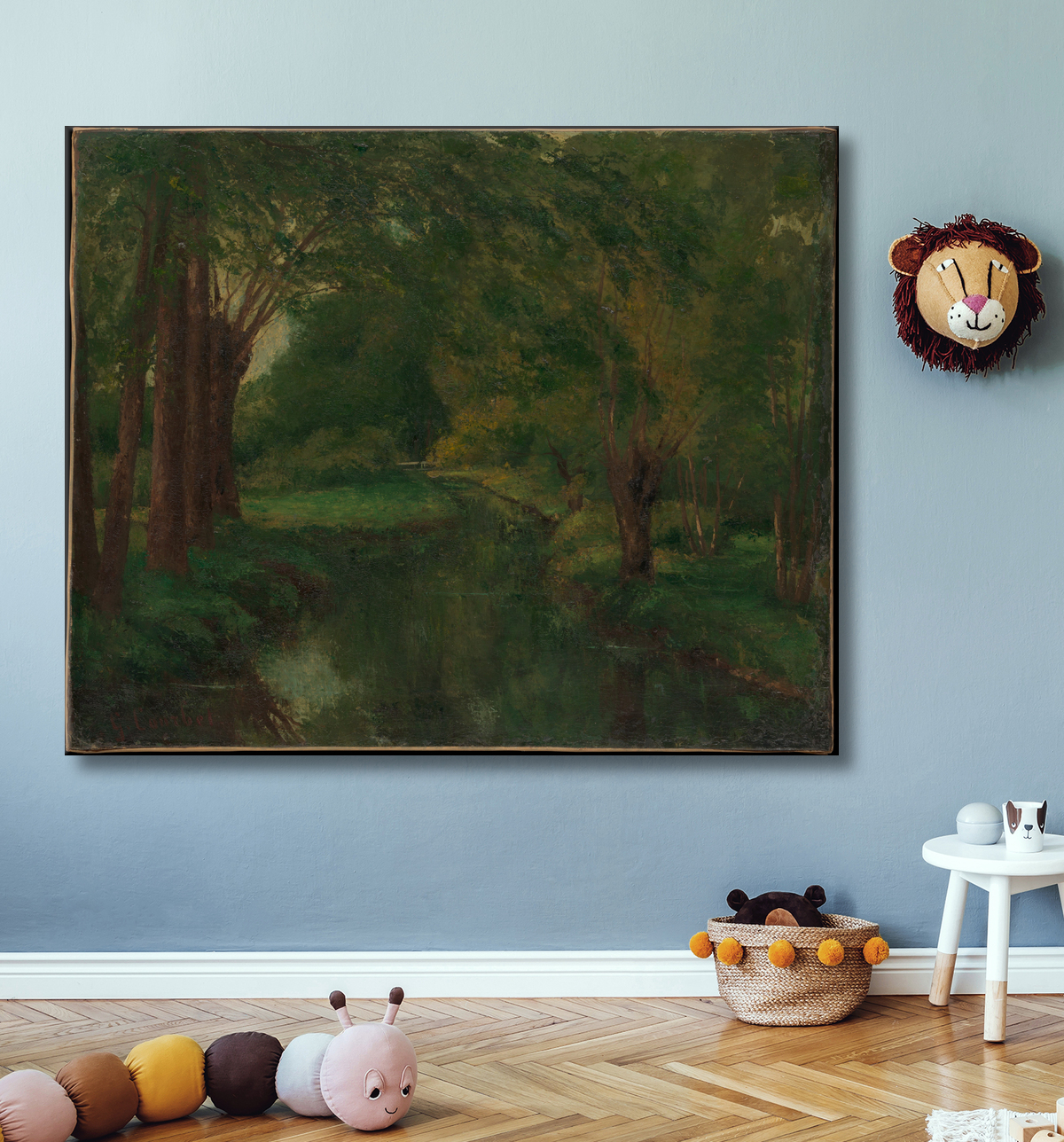 Reproduction Un ruisseau dans une clairière (peut-être « Ruisseau, vallée de Fontcouverte ; Étude ») de Gustave Courbet avec decor
