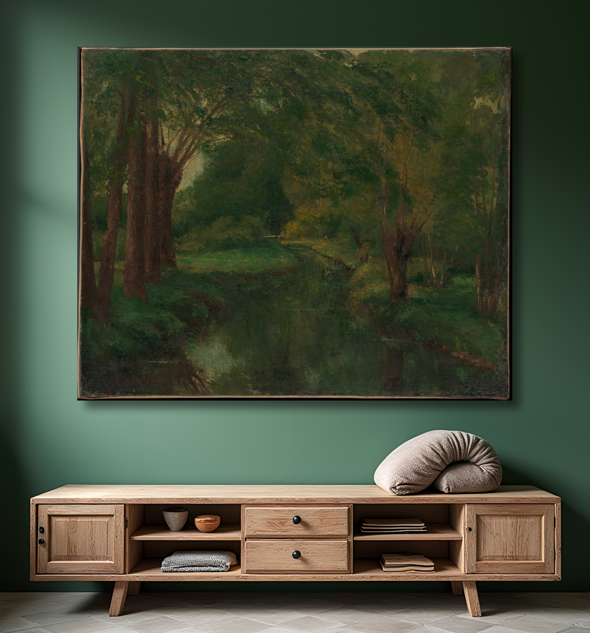 Reproduction Un ruisseau dans une clairière (peut-être « Ruisseau, vallée de Fontcouverte ; Étude ») de Gustave Courbet avec decor