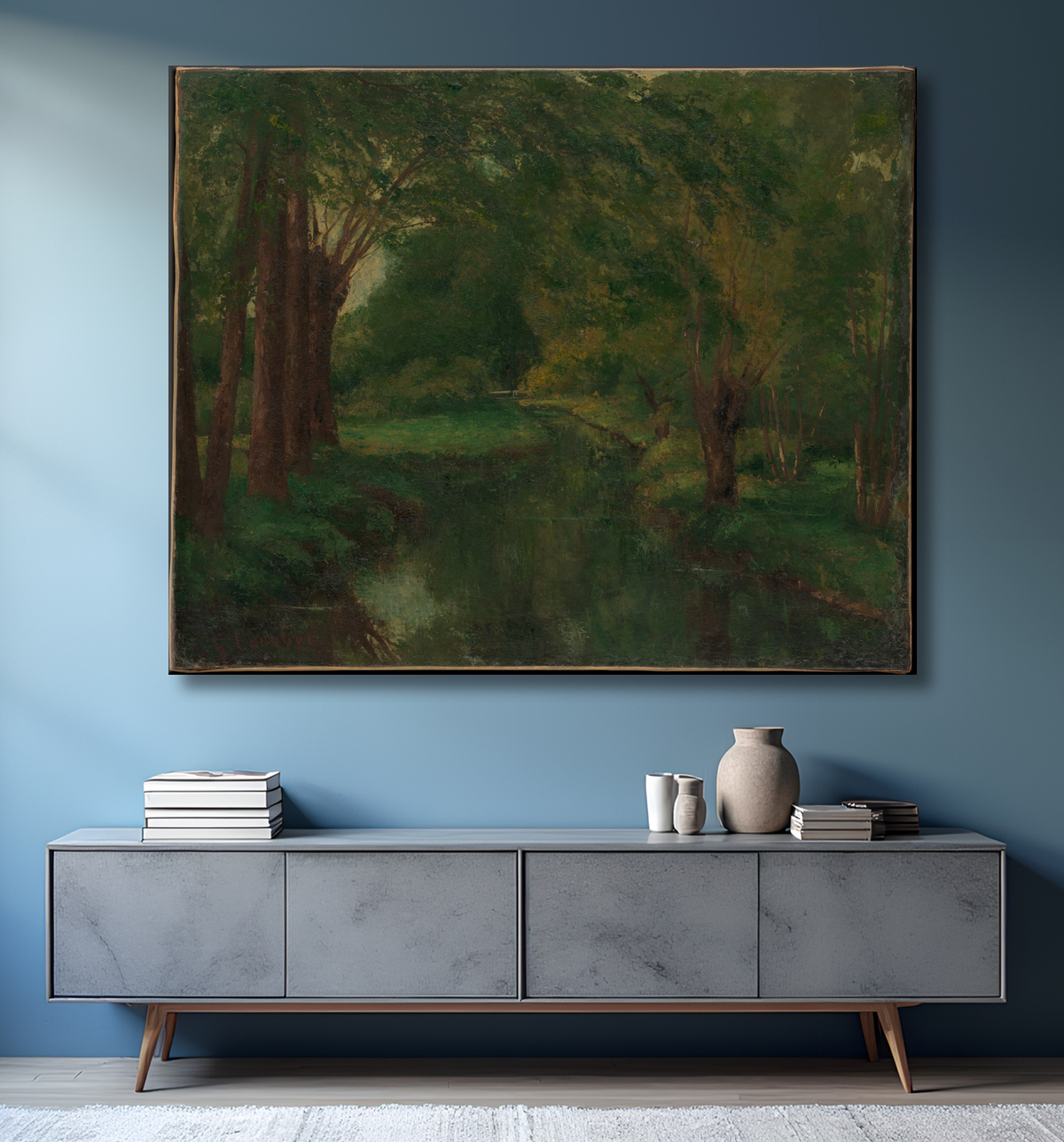 Reproduction Un ruisseau dans une clairière (peut-être « Ruisseau, vallée de Fontcouverte ; Étude ») de Gustave Courbet avec decor