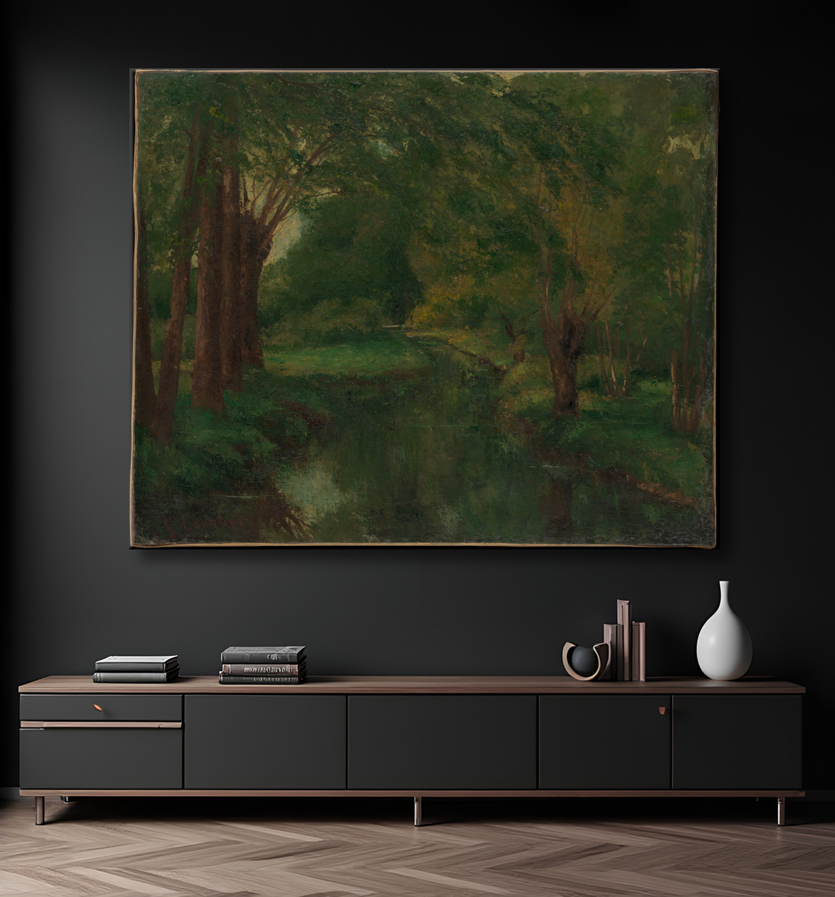 Reproduction Un ruisseau dans une clairière (peut-être « Ruisseau, vallée de Fontcouverte ; Étude ») de Gustave Courbet avec decor