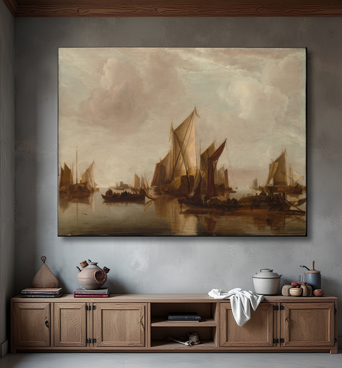 Reproduction Un yacht d'État et d'autres embarcations en eau calme de Jan van de Cappelle avec decor