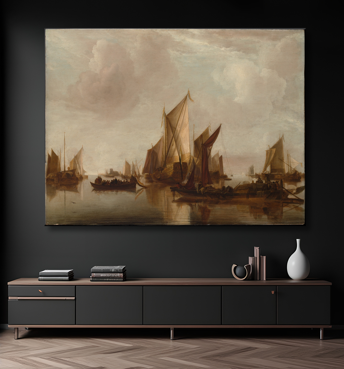 Reproduction Un yacht d'État et d'autres embarcations en eau calme de Jan van de Cappelle avec decor