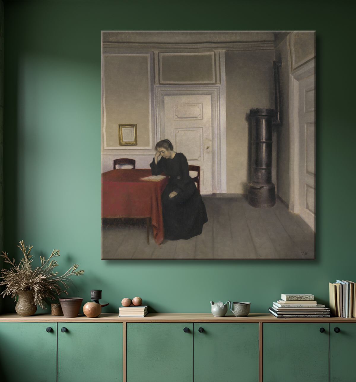 Reproduction Une chambre dans la maison de l'artiste à Strandgade, Copenhague, avec la femme de l'artiste de Hammershøi, Vilhelm avec decor