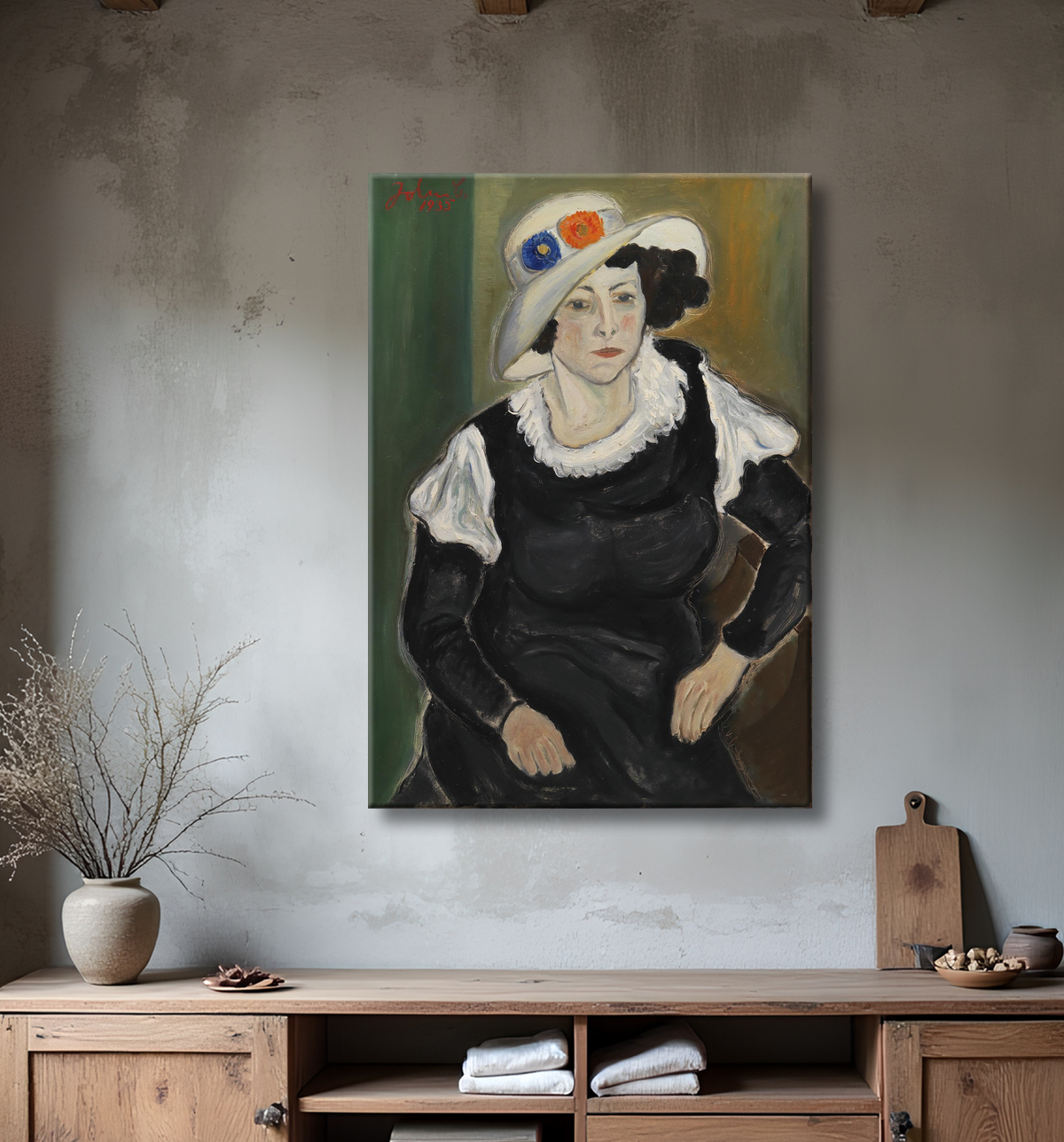 Reproduction Une dame portant un chapeau. La femme de l'artiste, Dagny Marie Christensen de Christensen, John avec decor