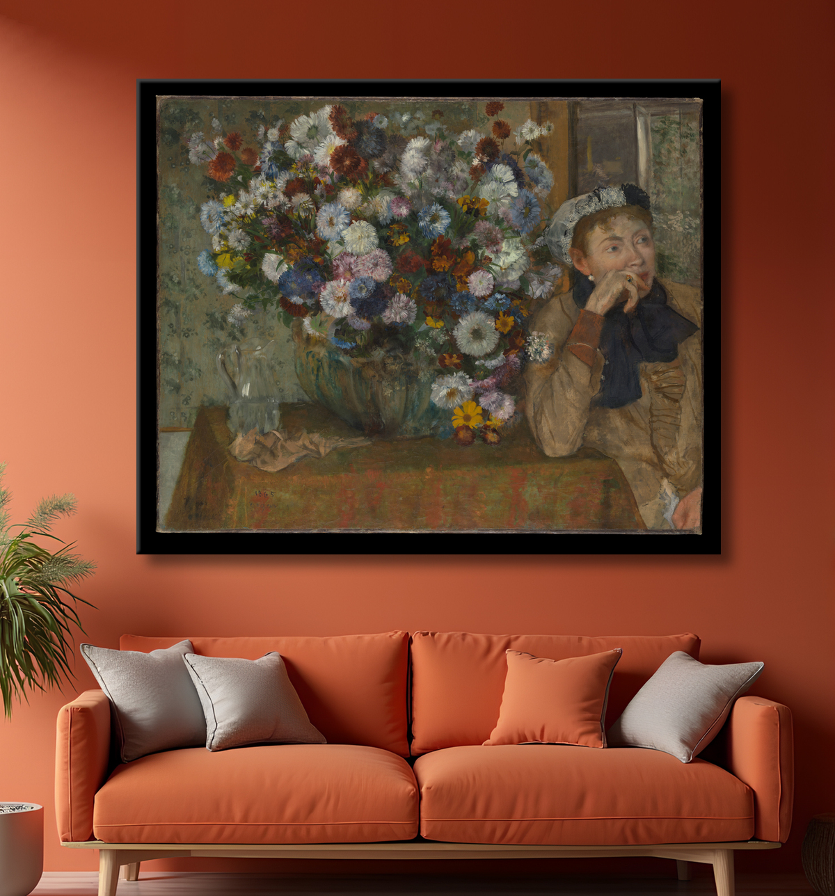 Reproduction Une femme assise à côté d'un vase de fleurs (Madame Paul Valpinçon ?) de Edgar Degas avec decor