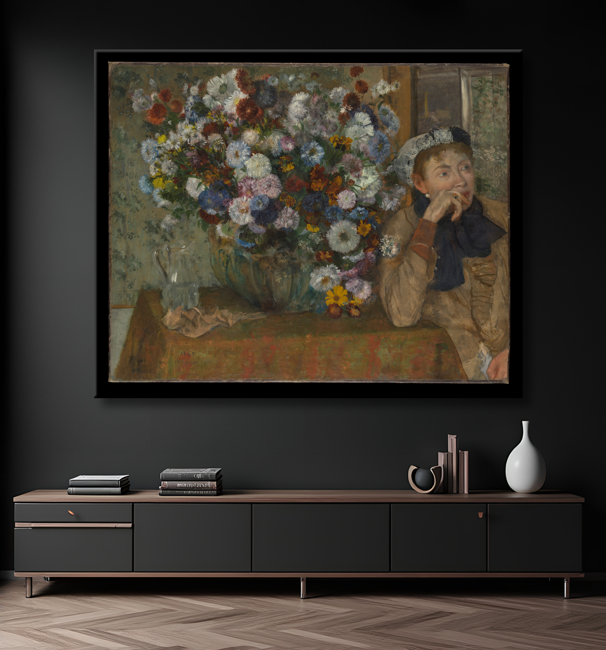 Reproduction Une femme assise à côté d'un vase de fleurs (Madame Paul Valpinçon ?) de Edgar Degas avec decor
