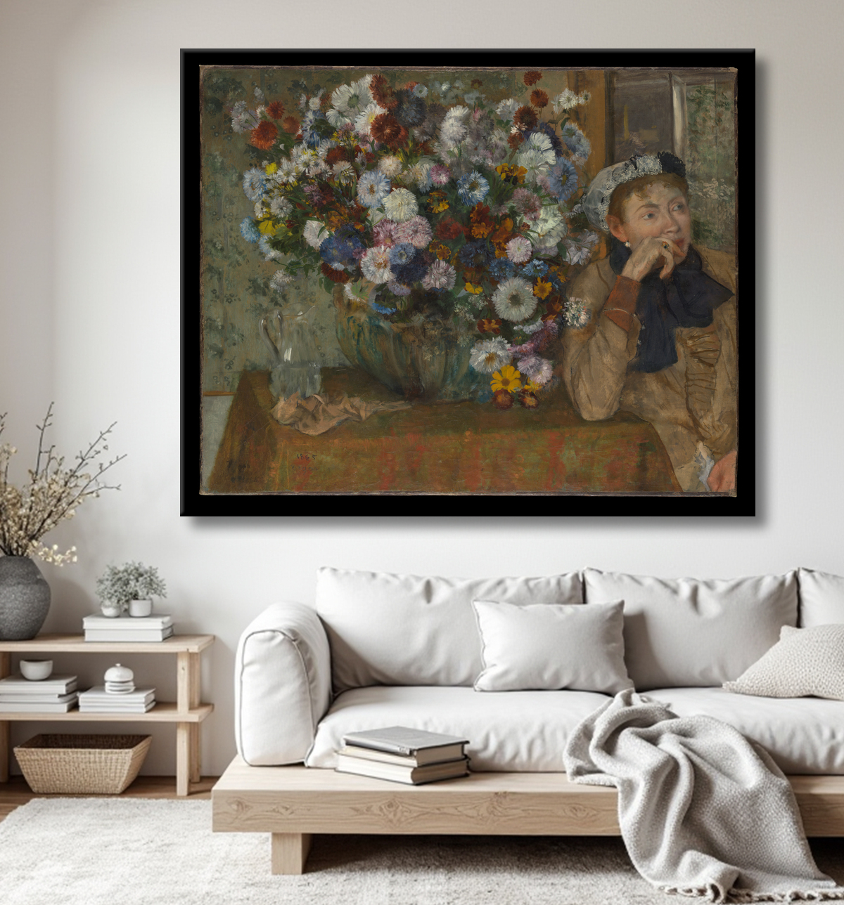 Reproduction Une femme assise à côté d'un vase de fleurs (Madame Paul Valpinçon ?) de Edgar Degas avec decor