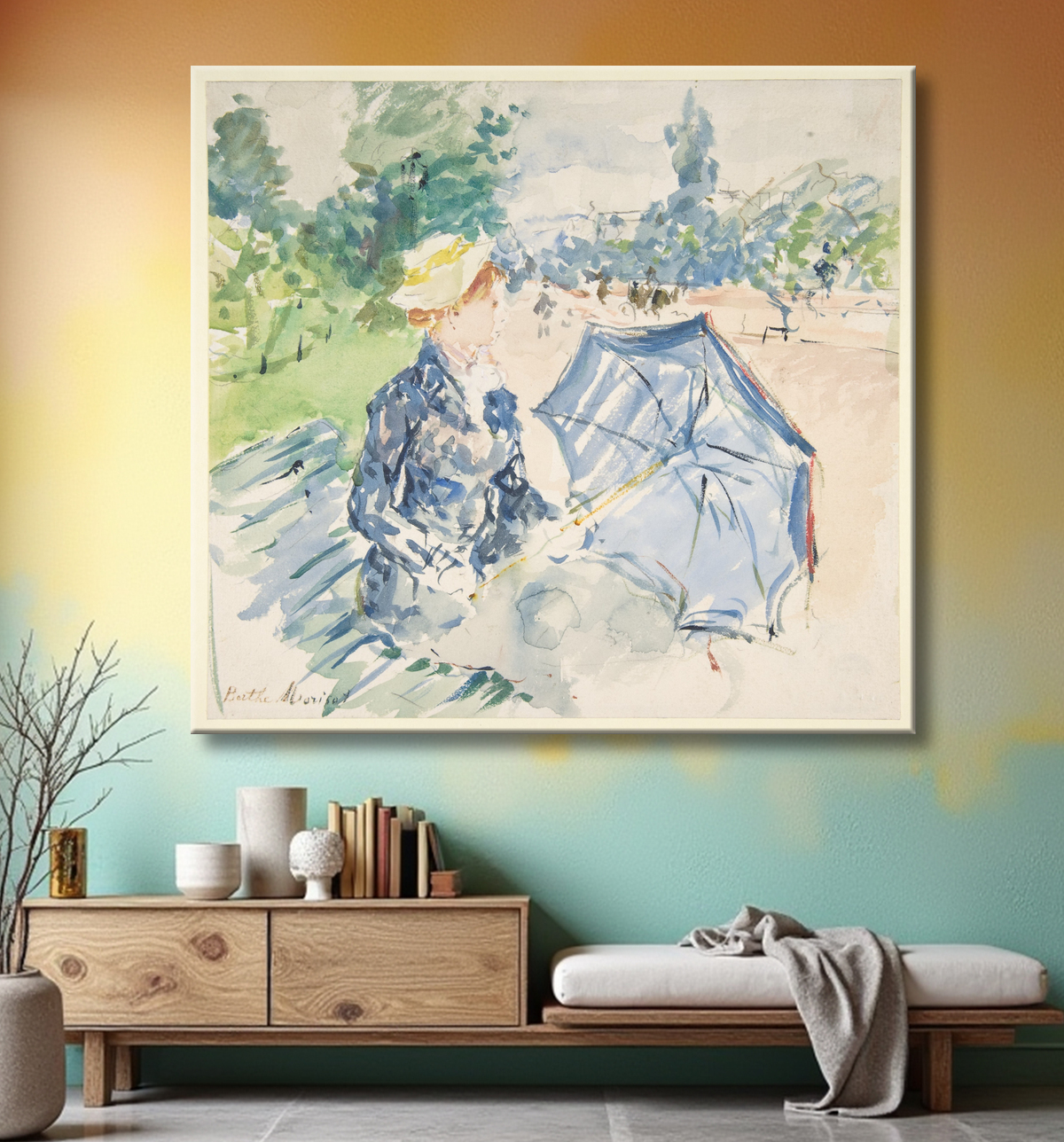 Reproduction Une femme assise sur un banc de l'avenue du Bois de Berthe Morisot avec decor