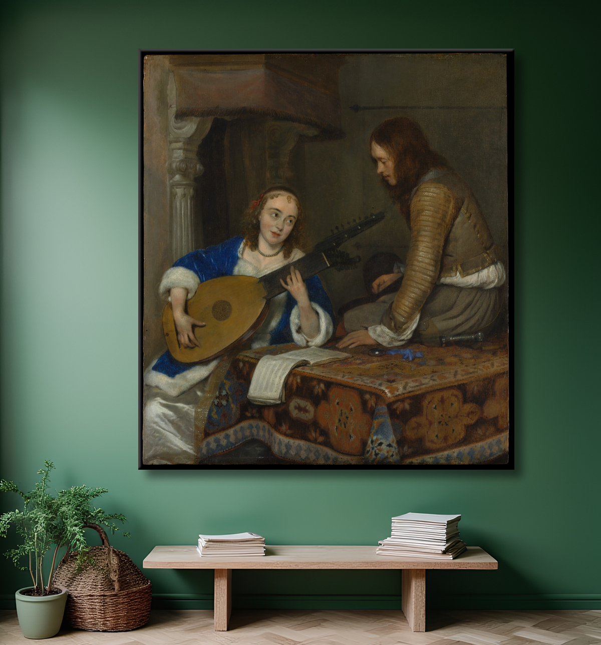Reproduction Une femme jouant du théorbe-luth et un cavalier de Gerard ter Borch the Younger avec decor