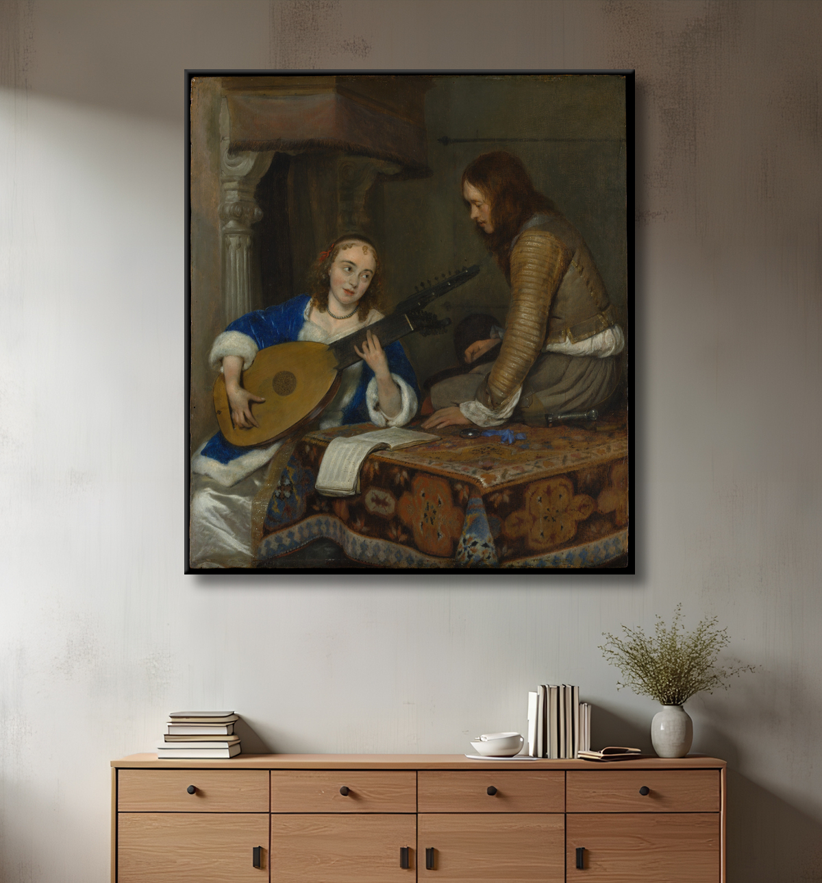 Reproduction Une femme jouant du théorbe-luth et un cavalier de Gerard ter Borch the Younger avec decor
