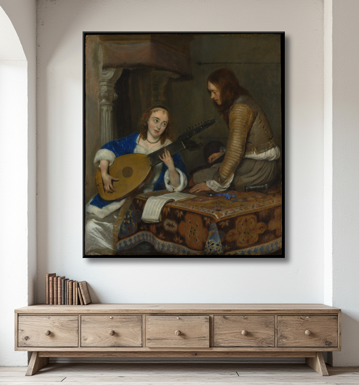 Poster encadré ou impression sur toile réalisée en France. Une femme jouant du théorbe-luth et un cavalier...